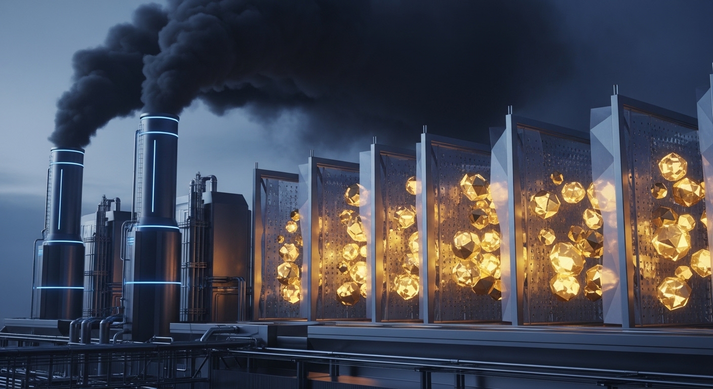 Illustration of carbon emissions being captured at an industrial facility