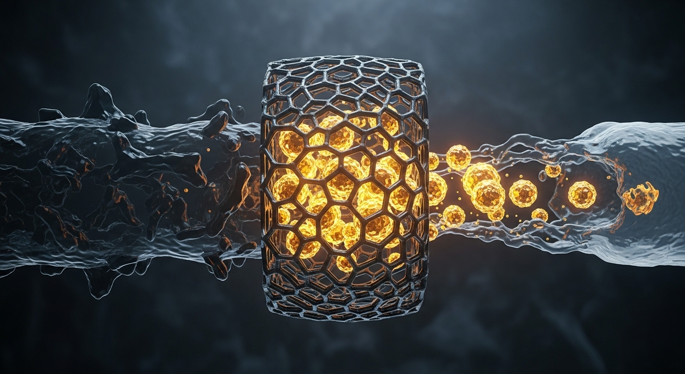 Abstract visualization of PFAS molecules being captured by a filter
