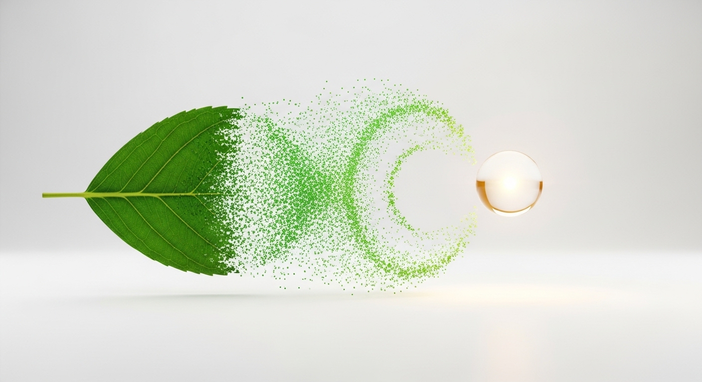 Natural leaf transforming into a pure liquid ingredient