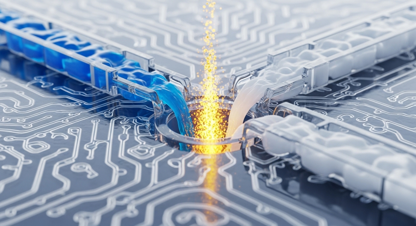 A microfluidic lab-on-a-chip device showing a reaction