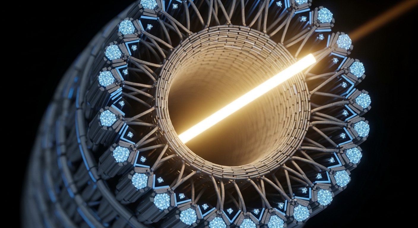 A beam of light traveling through a hollow-core fiber optic cable