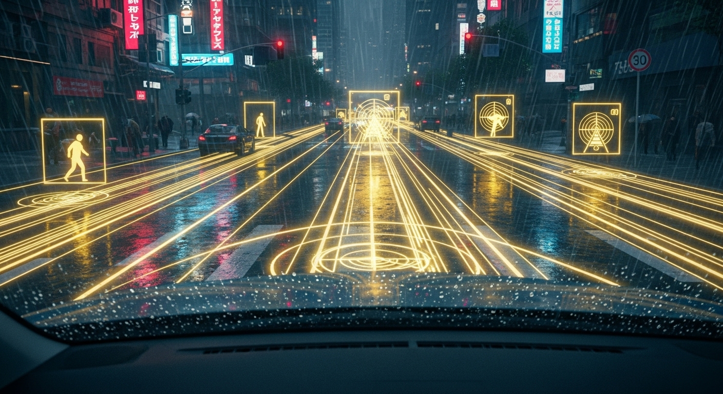 An autonomous vehicle's sensor view of a city street