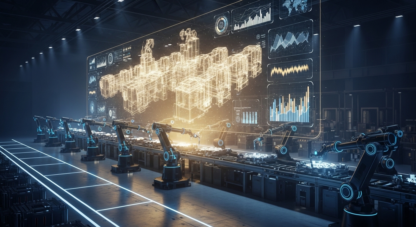 A factory floor with a holographic digital twin of the machinery