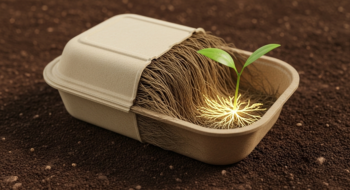 A compostable container breaking down into healthy soil