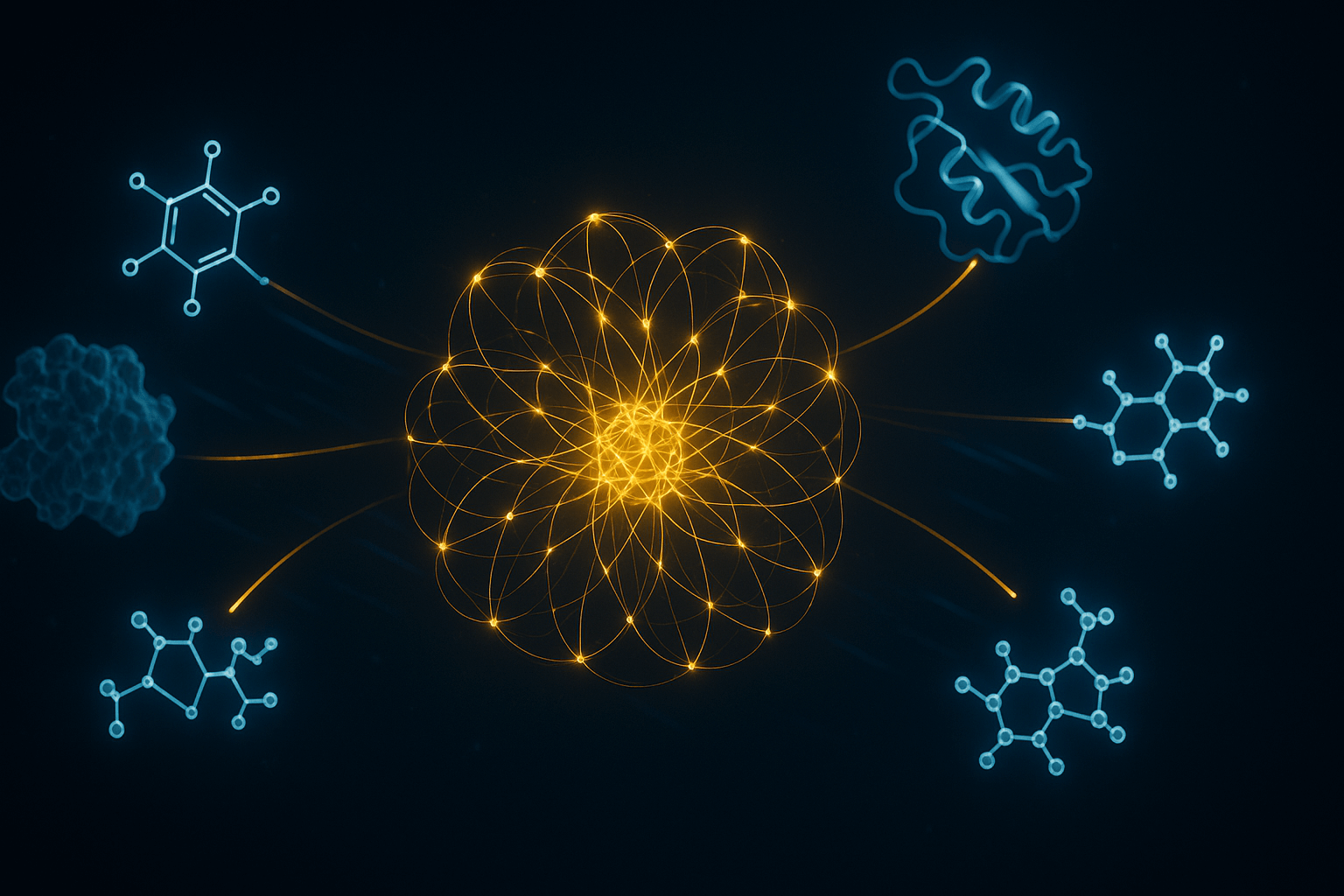 Abstract representation of a neural network processing molecular structures