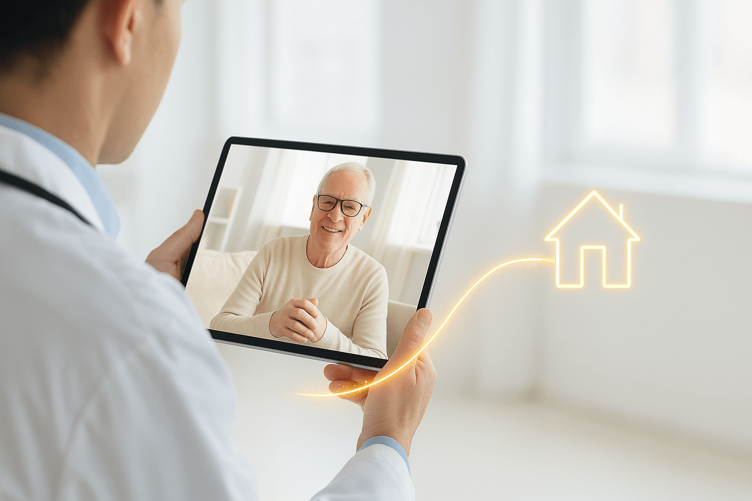A doctor consulting with a patient remotely via a tablet screen